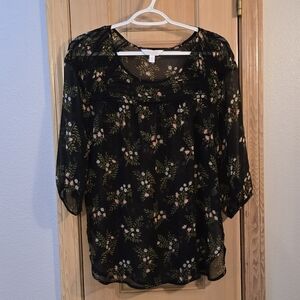 LC LAUREN CONRAD Top Medium Black/Green Floral 3/4 Sleeve Women's